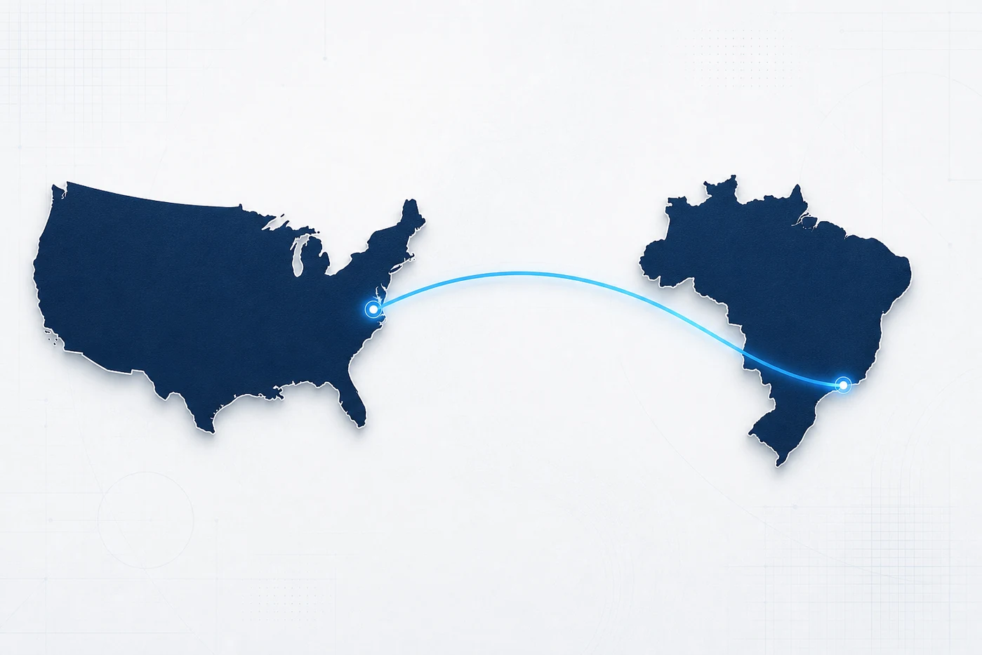 Ilustração dos mapas dos Estados Unidos e do Brasil conectados por uma rota azul